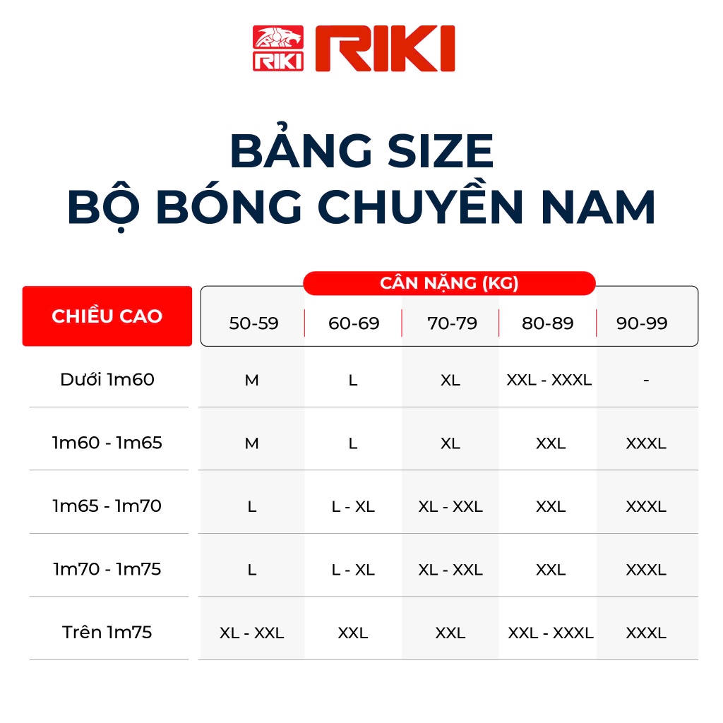 bảng size bóng chuyền nam