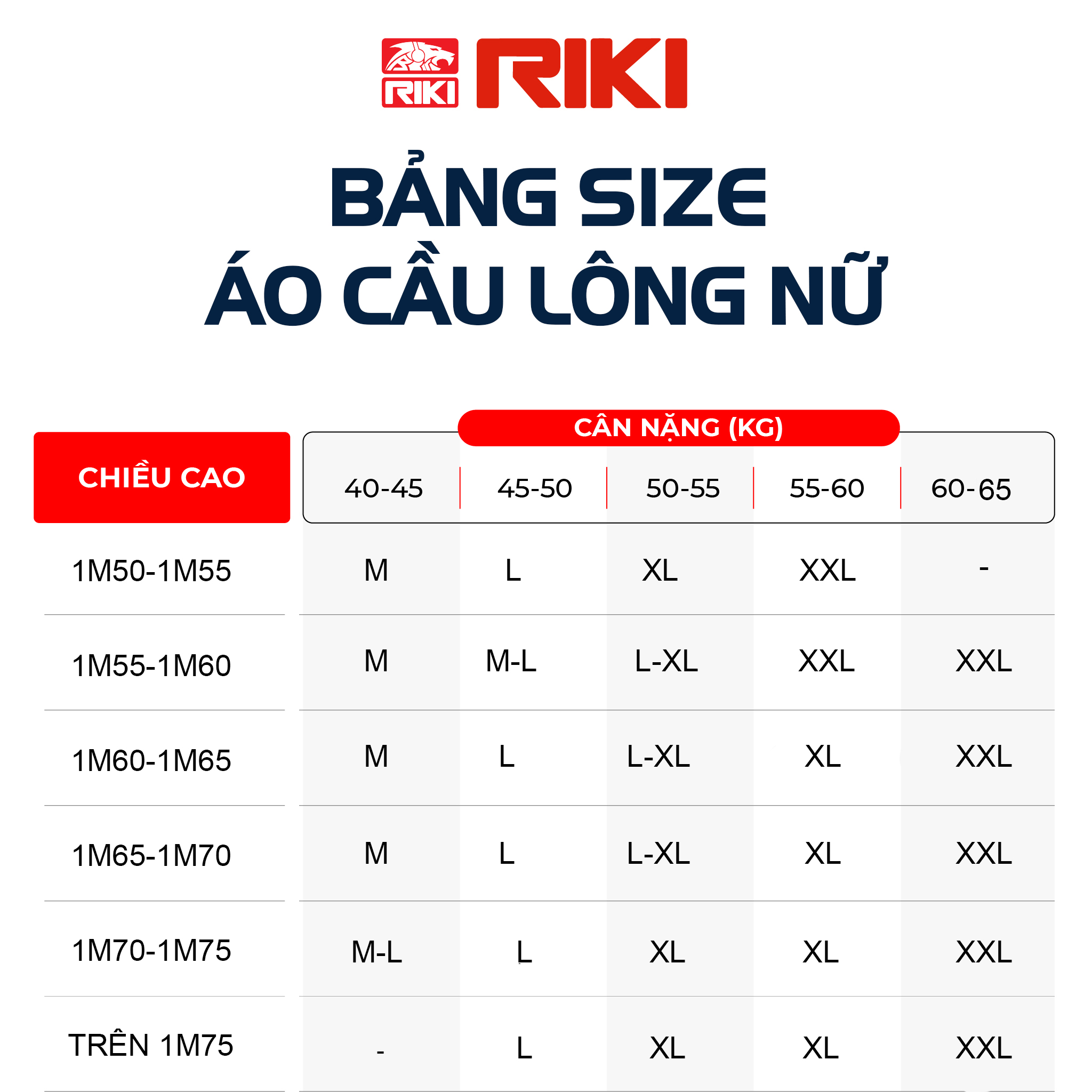 Bảng size áo cầu lông nữ