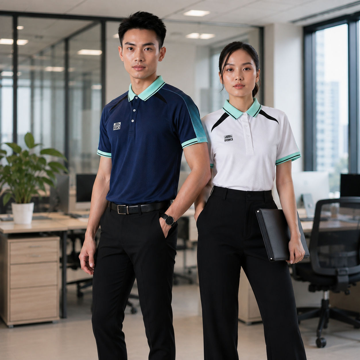 Bộ outfit công sở với áo polo