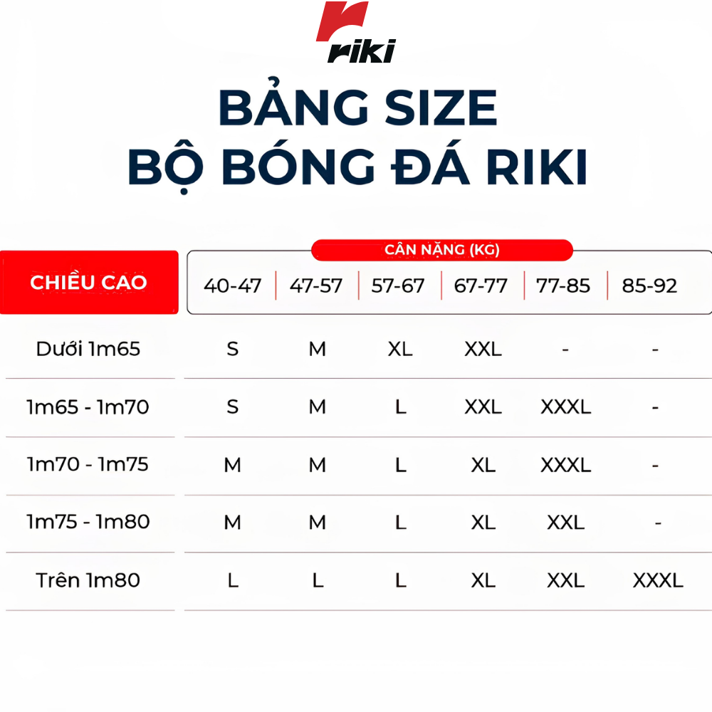 Bảng size bộ bóng đá