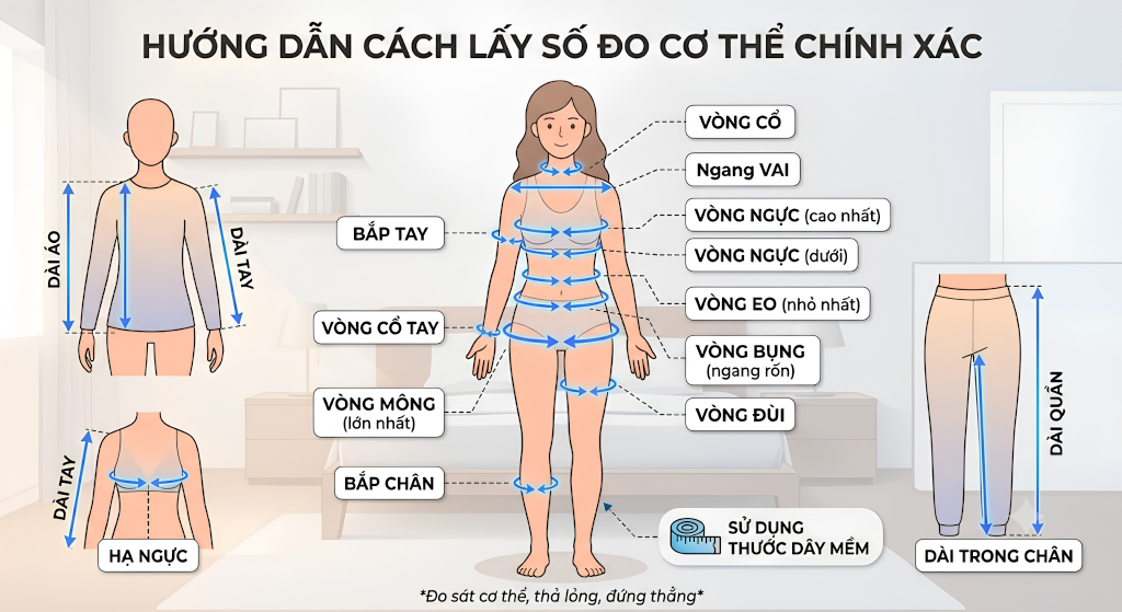 Các vị trí đo số đo cơ thể khi chọn quần áo