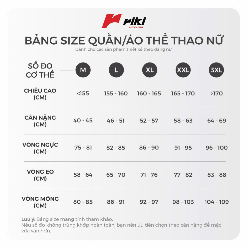 Bảng size quần áo thể thao nữ
