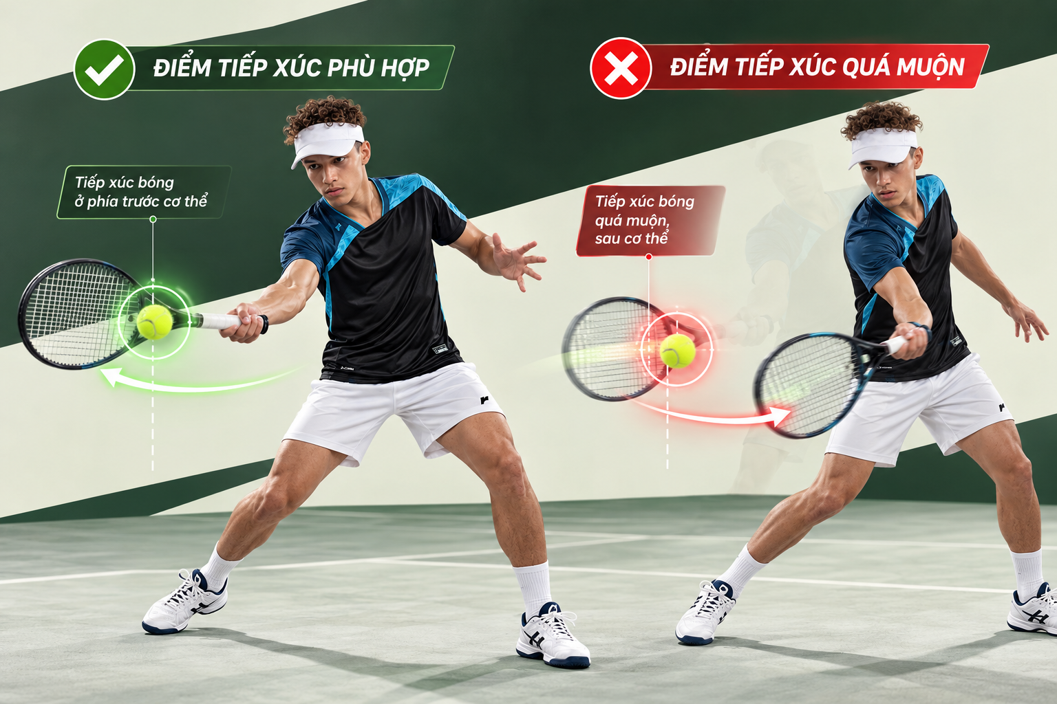 Điểm tiếp xúc bóng đúng kỹ thuật giúp cải thiện độ chính xác khi đánh tennis.