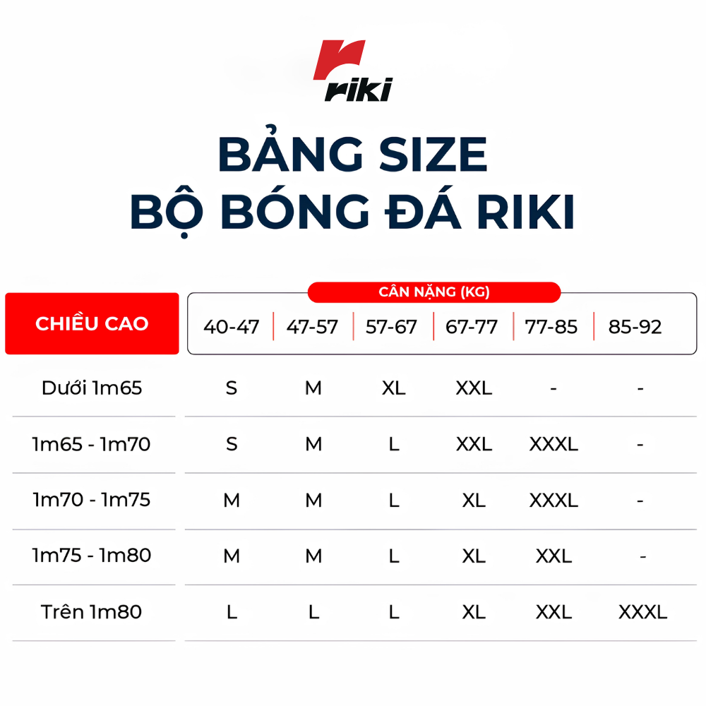 Bảng size quần áo bóng đá