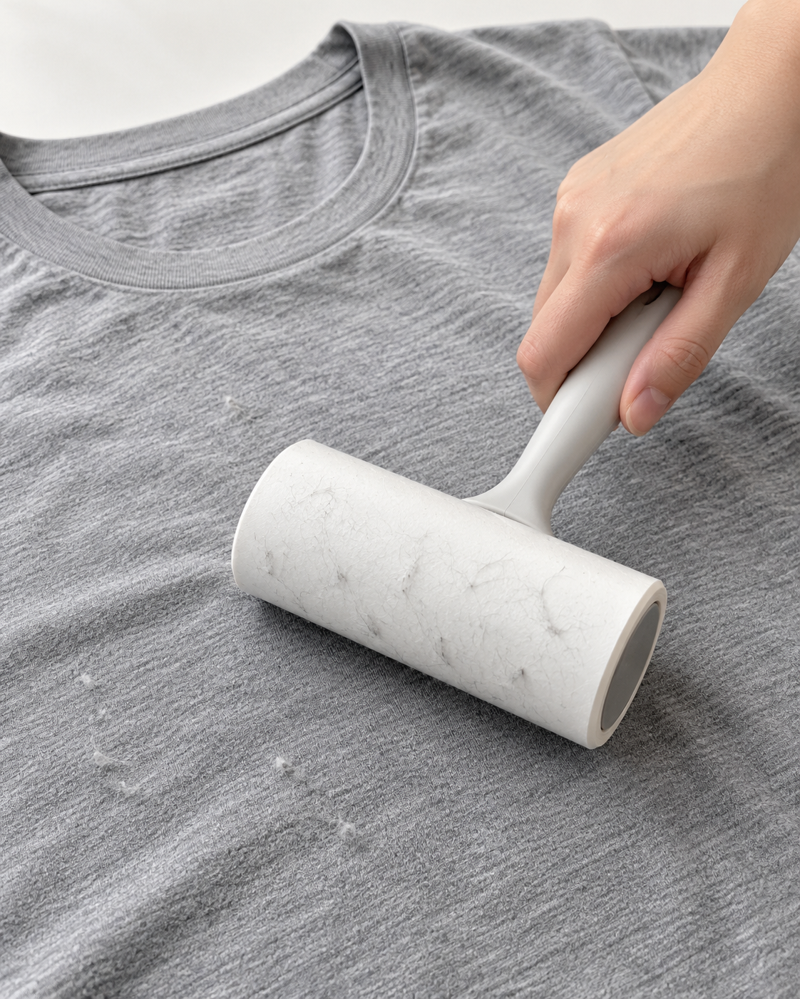 Cách dùng cây lăn bụi để loại bỏ xơ vải rời trên áo.